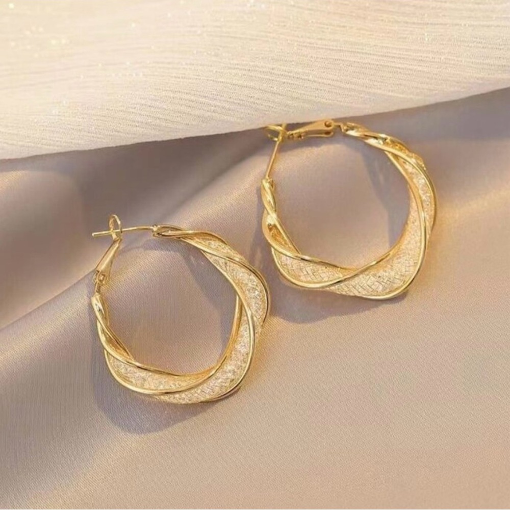 Hoop Earrings - 14K Gold Plated Mesh Zircon Twist Round Circle Earring Clasp 1 P